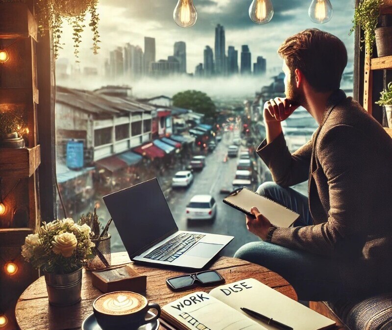 image illustrating a digital nomad balancing work and leisure at a cozy café, with a laptop, to-do list, and a beautiful cityscape outside