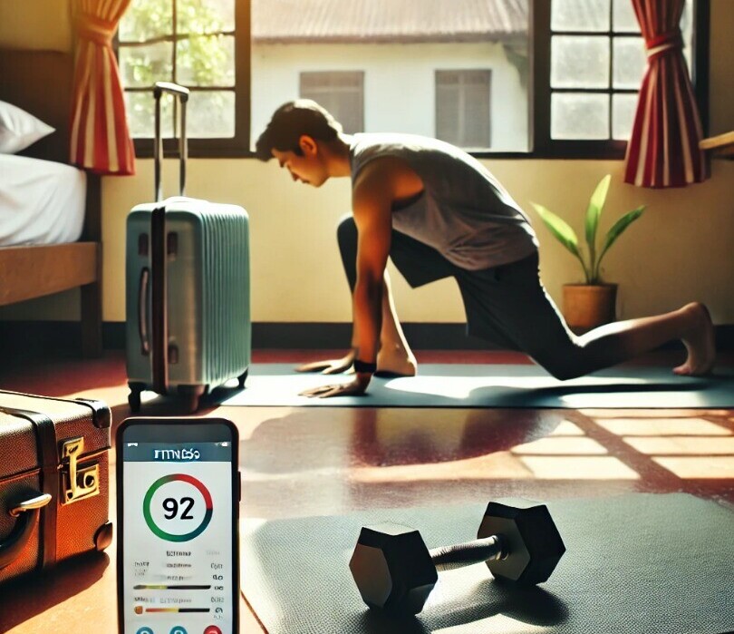 image of a traveler doing yoga in a hotel room with a fitness app nearby, emphasizing the importance of maintaining health and wellness while on the go