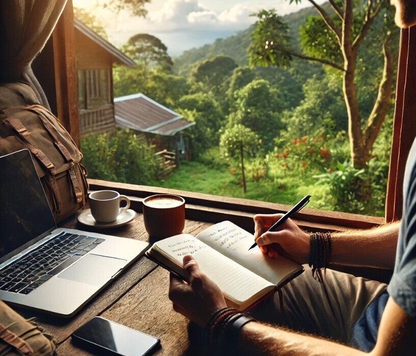 image of a traveler journaling near a window with a serene outdoor view, representing the emotional side of digital nomad life and the balance between technology and personal well-being