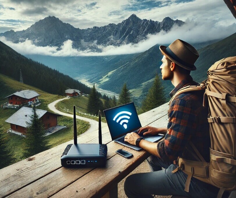 image of a traveler sitting at an outdoor café in a remote scenic location, using a portable Wi-Fi device next to a laptop, symbolizing the balance between connectivity and enjoying nature