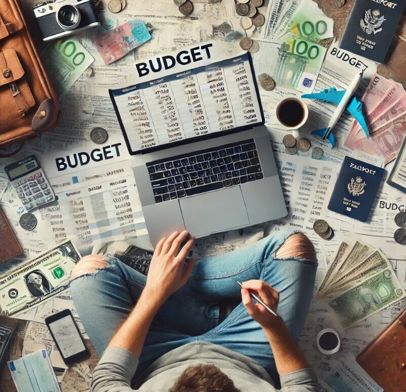 image representing the financial challenges of a digital nomad lifestyle, with a laptop, budget spreadsheet, travel gear, and various currencies scattered around