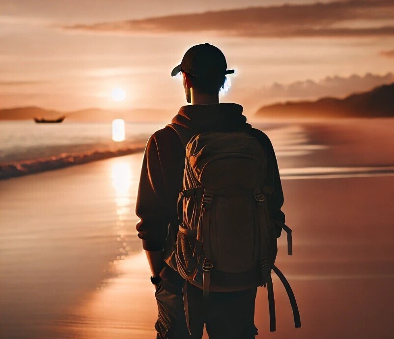 image representing the solitude and isolation a digital nomad may face, with a lone traveler walking on an empty beach during sunset