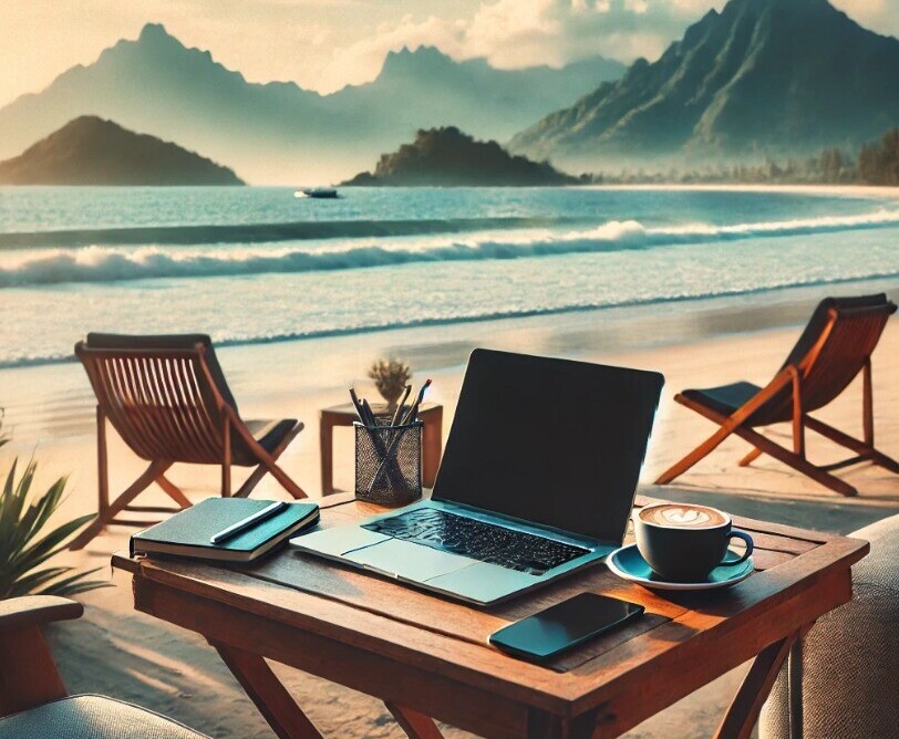 scenic outdoor workspace with a laptop, coffee cup, and notebook, overlooking a stunning landscape