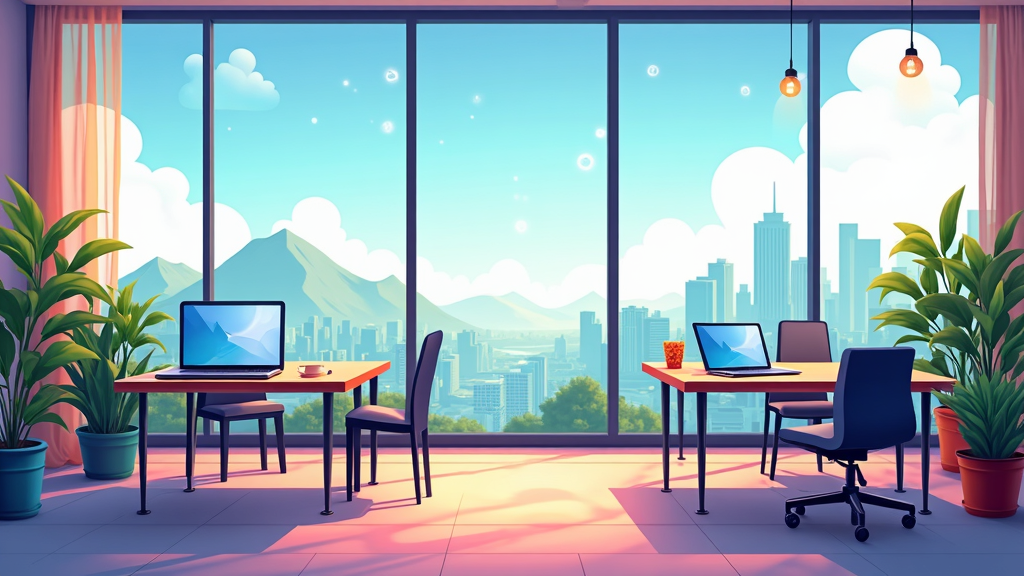 Digital nomad working in a vibrant city cafe with a laptop, cityscape, and nature visible.
