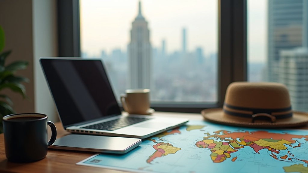 A collection of backpacks, a laptop, and a coffee mug on a table beside a large window, with a cityscape in the distance.