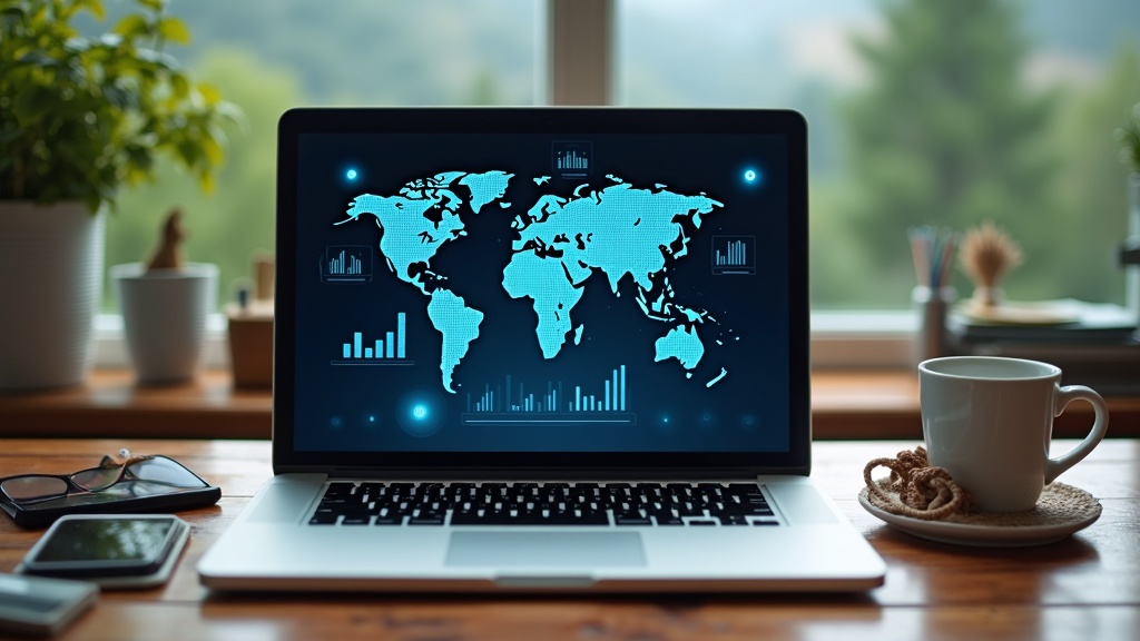 A laptop on a wooden table with a digital globe overlay and graphs representing affiliate marketing analytics and global connections, surrounded by travel accessories and a scenic background.